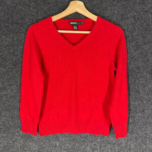 DKNY Sweater Pullover Women M/L Red Knit Cashmere V-Neck Long Sleeve Casual
